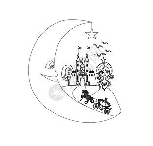 马氏庄园中世纪城堡 庄园 马车和月球-手绘i插画