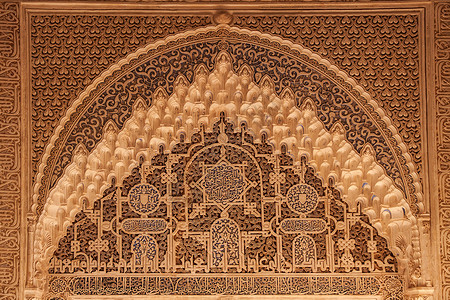 Alhambra宫墙壁上的古阿拉伯古代装饰品背景图片