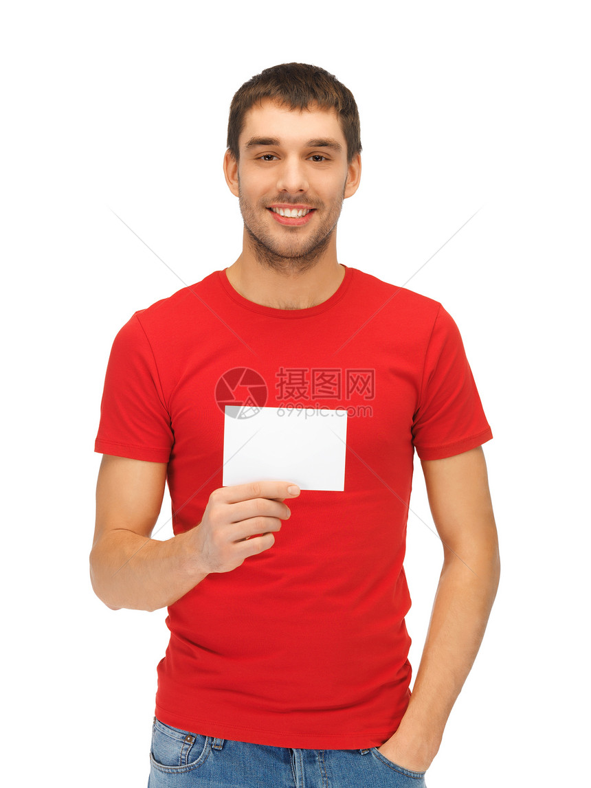 有纸卡的帅帅帅男人男性牛仔裤小伙子微笑推介会快乐商业卡片学生衬衫图片