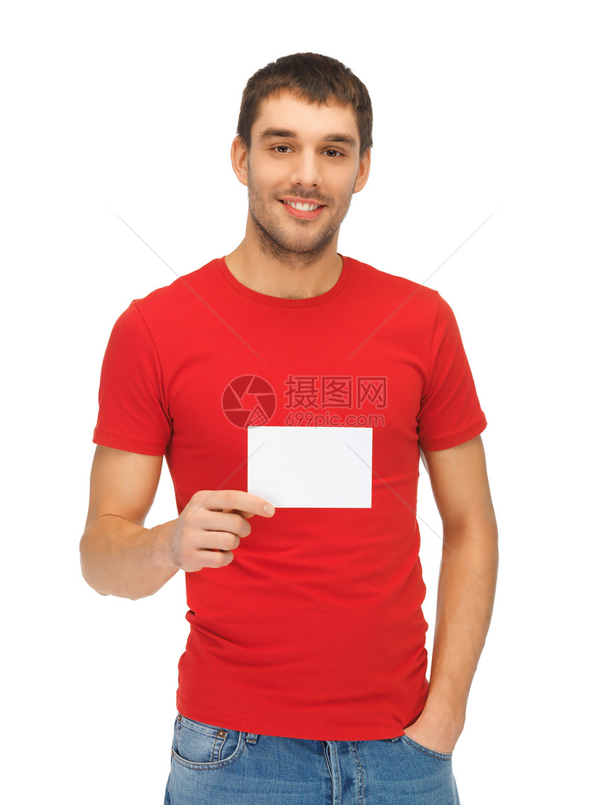 有纸卡的帅帅帅男人伙计牛仔裤快乐商业卡片男性微笑广告小伙子笔记图片