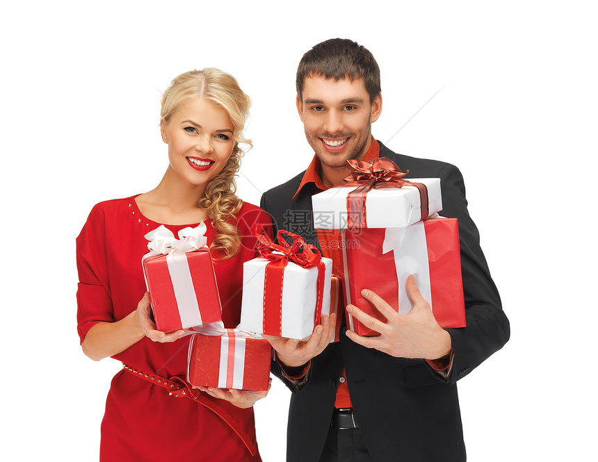 带礼物盒的男人和女人丝带衣服礼物女孩生日绅士套装庆典男性女性图片