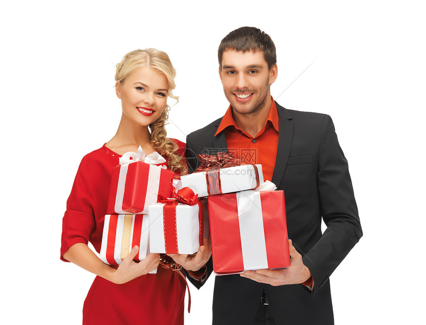 带礼物盒的男人和女人快乐裙子生日夹克绅士女性庆典惊喜礼物夫妻图片