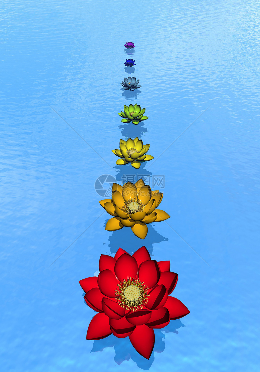 脉轮百合花  3D 渲染绿色活力粉色红色冥想瑜伽百合宗教海洋蓝色图片