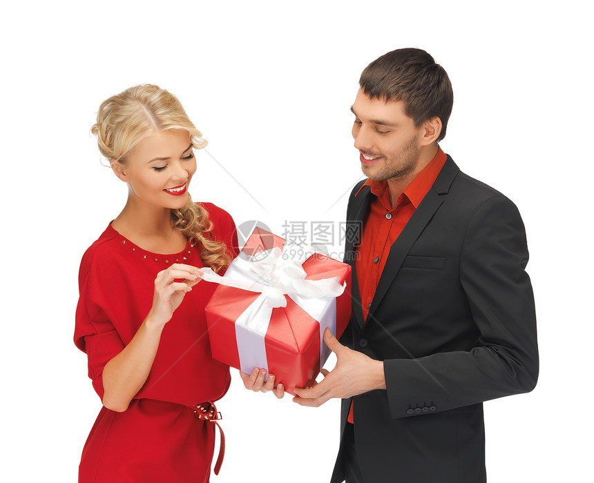 现居的男女生日快乐微笑绅士惊喜女孩丝带购物礼物男人图片