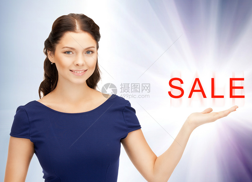 棕榈上的销售单广告成人青少年快乐商务女孩女性手势销售折扣图片