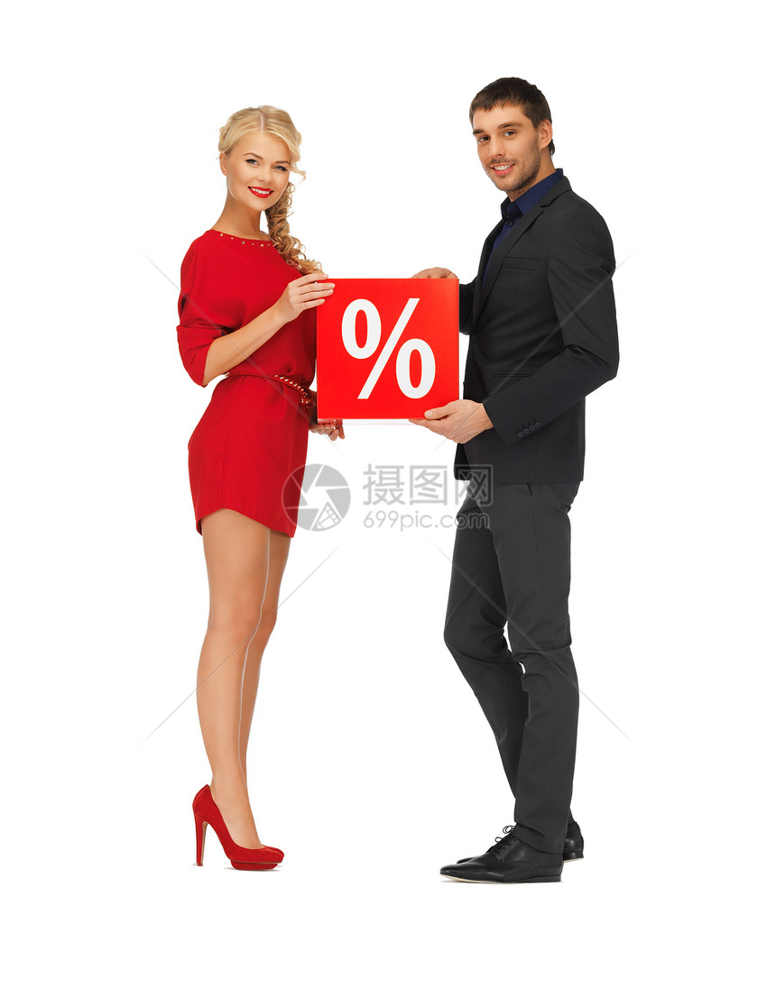 男男女女 有百分数符号男人男性绅士快乐顾客夹克奢华折扣套装商业图片