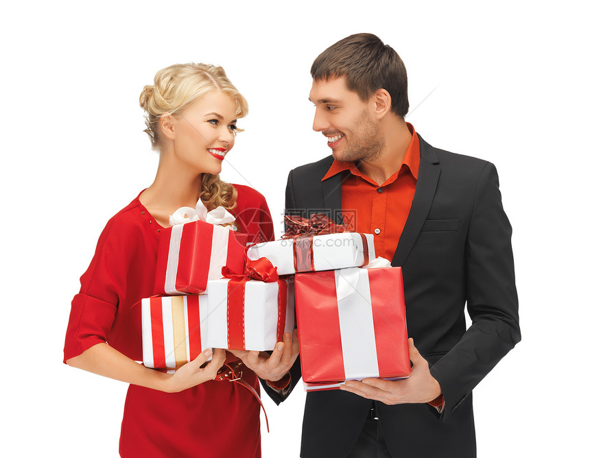 带礼物盒的男人和女人礼物绅士微笑裙子女性夫妻生日夹克盒子女孩图片