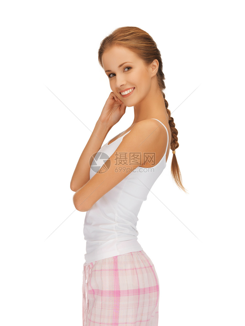穿着棉睡衣的快乐和微笑的女人主妇家庭青年女孩幸福喜悦棉布衣服成人女性图片