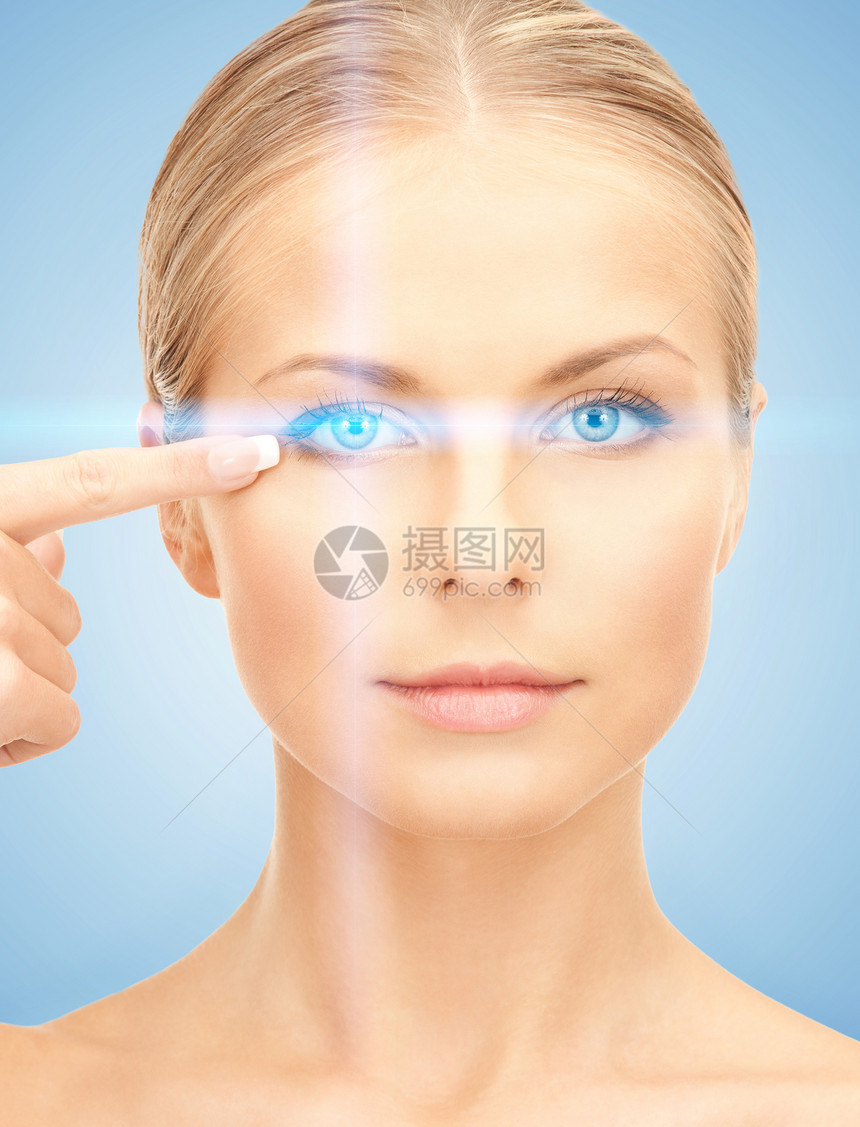 指着眼的美丽的女人药品安全身份眼皮技术扫描高科技女孩鸢尾花鉴别图片