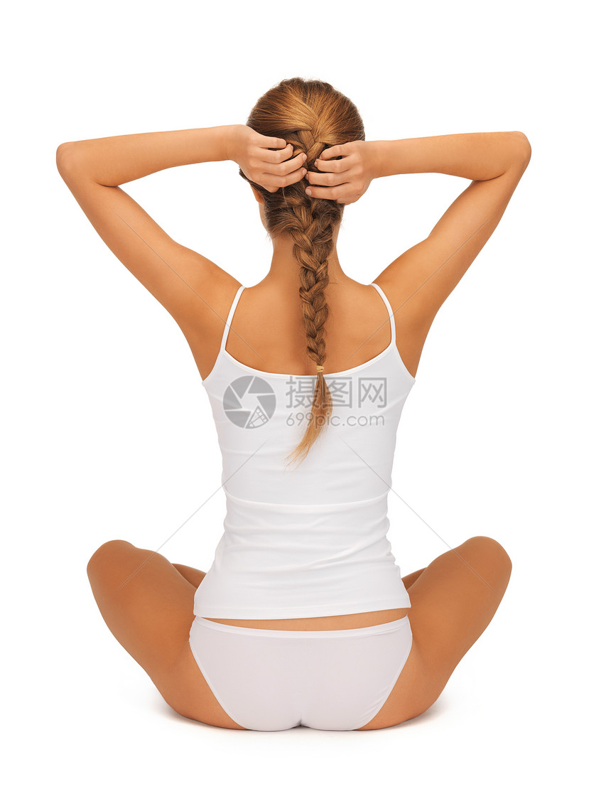 女人在裸睡练习瑜伽莲花的姿势保健身体卫生平衡内衣运动训练活力女孩女性图片