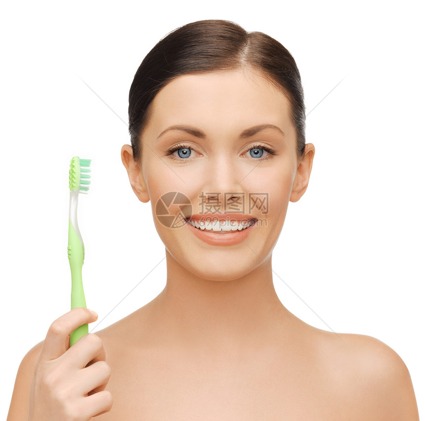 带牙刷的妇女微笑海洋女孩刷子假牙浴室女性洗澡活力健康图片