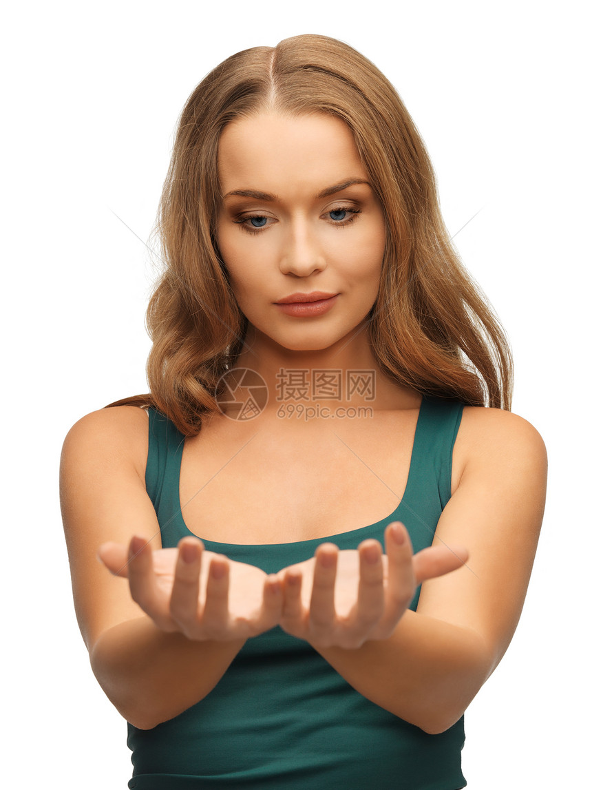 女人握着手掌活力手势头发手臂棕榈皮肤女性保健女孩容貌图片