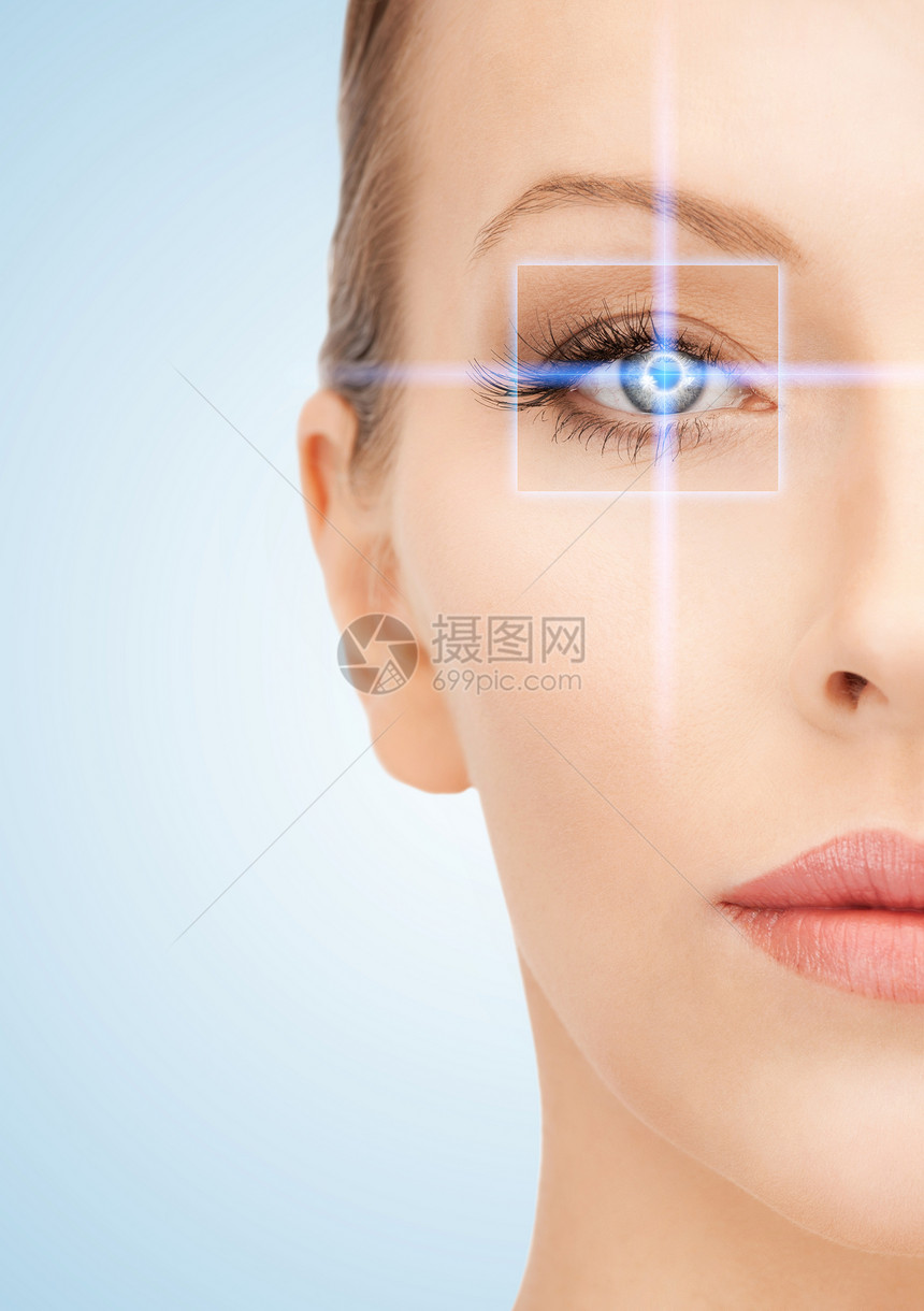 指着眼的美丽的女人鸢尾花手术眼皮眼科鉴别安全药品卫生保健识别图片