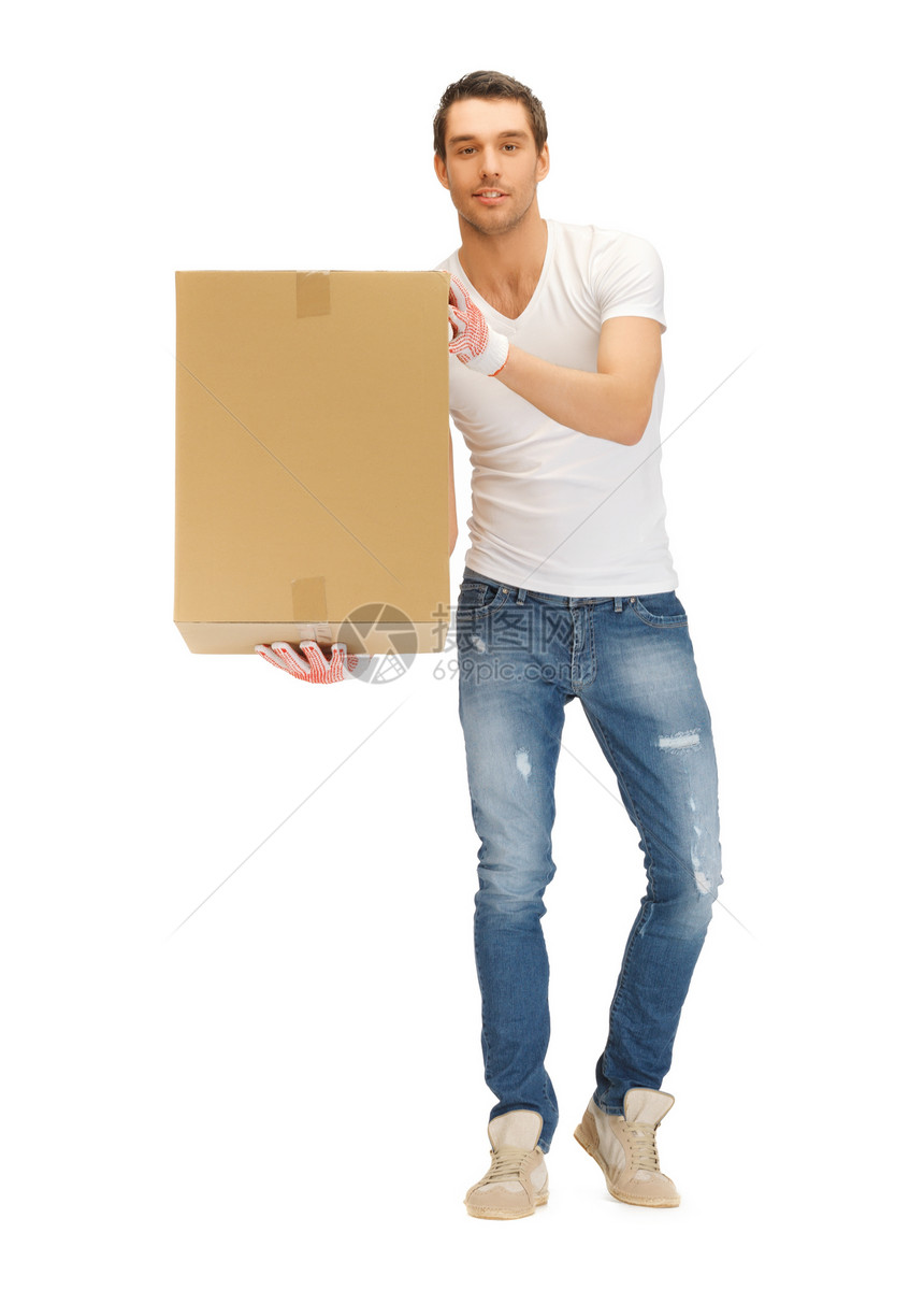 长着大盒子的帅帅帅男人商业快乐男性小伙子邮政销售量船运服务纸盒包装图片
