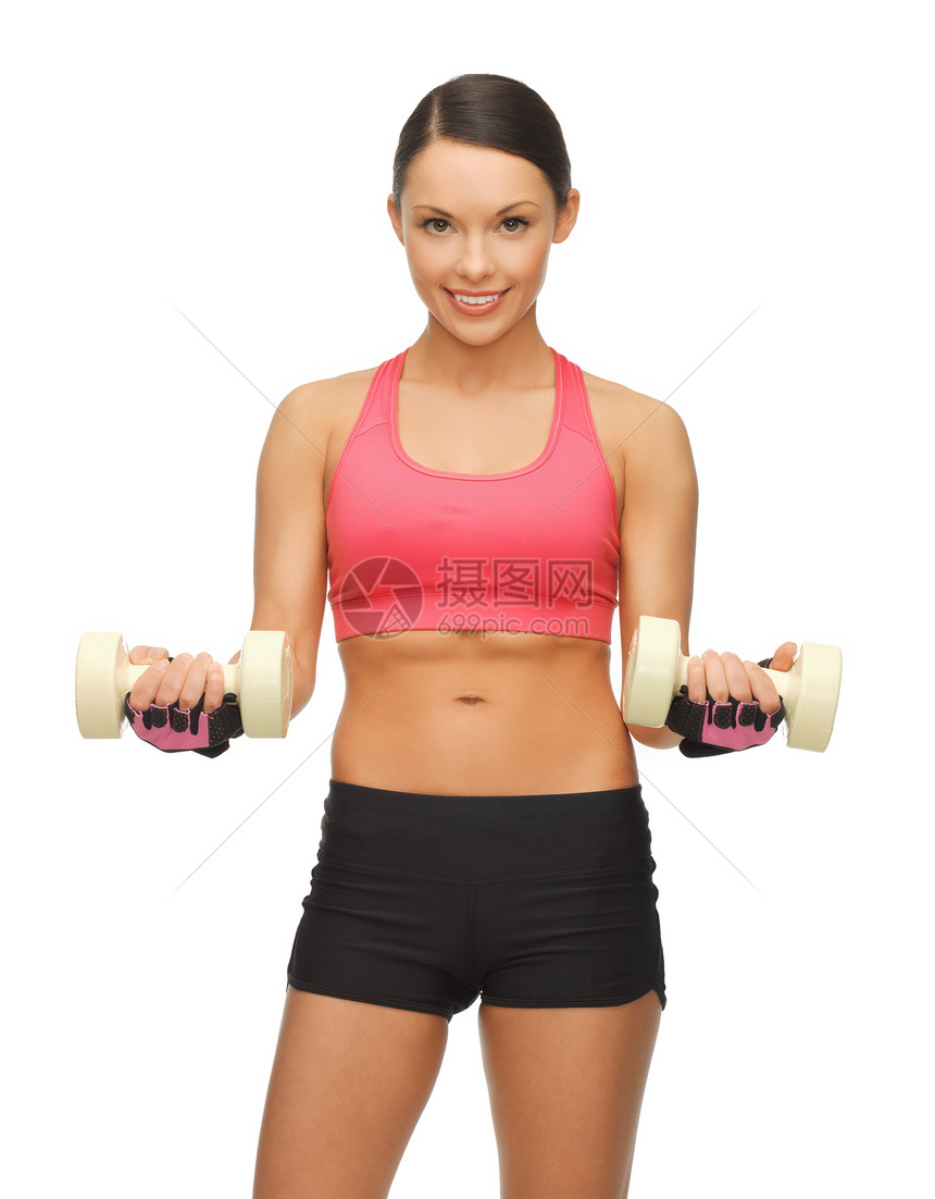 有哑铃的女子酒吧教练培训师举重肌肉保健重量微笑身体卫生图片
