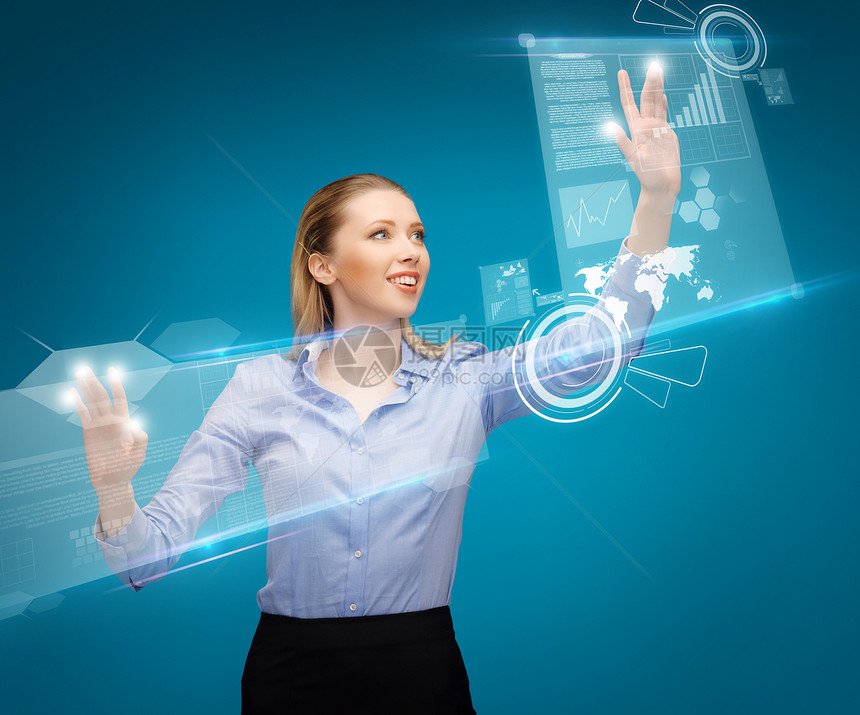 妇女从事虚拟屏幕工作的情况教育伙伴学生商业女性全世界按钮创新人士蓝色图片