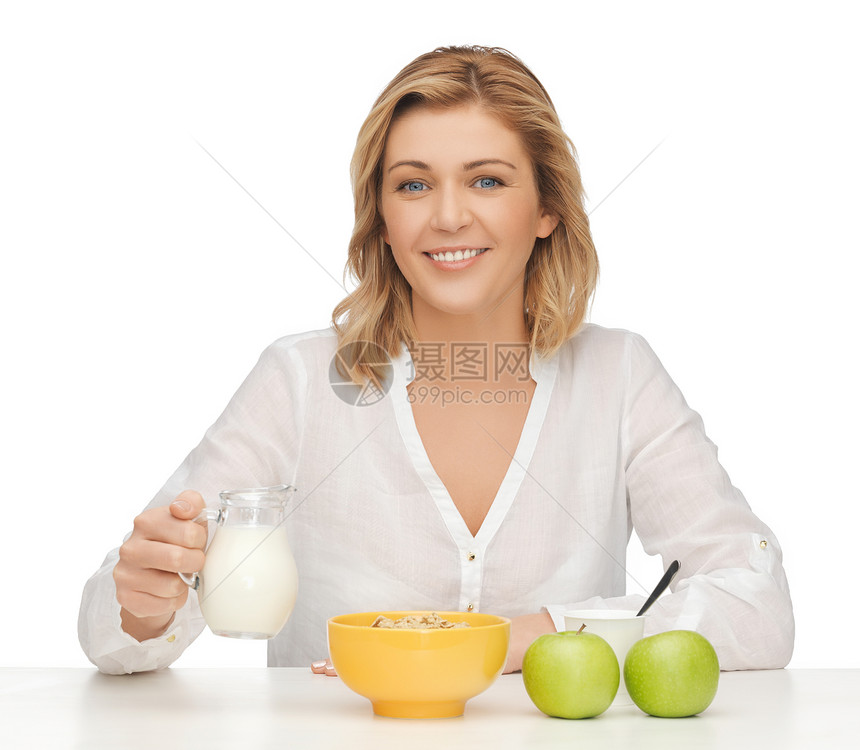 妇女有健康早餐维生素奶油饮食女性生物水果女孩营养谷物牛奶图片