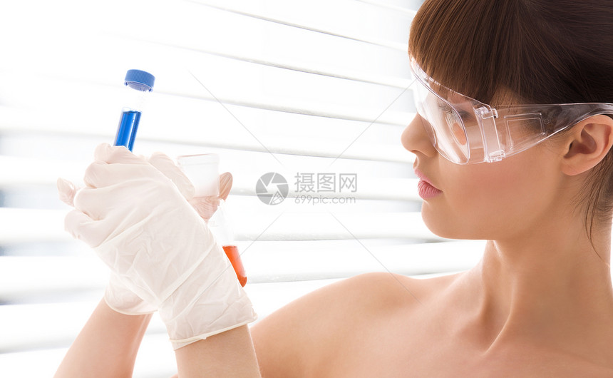 实验室工作眼镜蓝色安全研究员小瓶女性化学品化合物样品手套图片