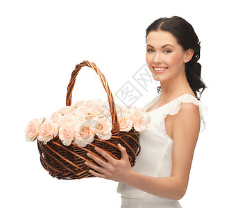 盛满鲜花的妇女篮子植物群花朵婚礼主妇花店女性农村家庭女子裙子背景图片