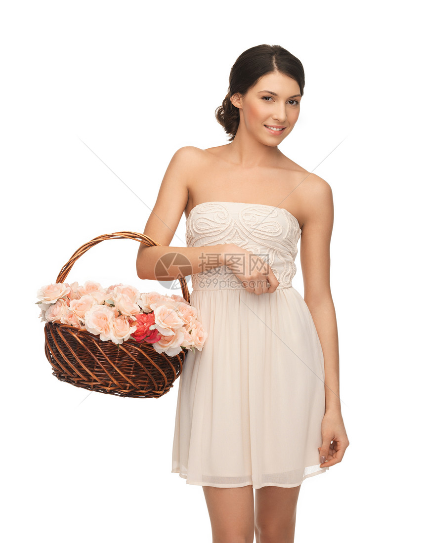 盛满鲜花的妇女篮子伴娘农村裙子未婚仪式园艺柳条女性花朵婚姻图片