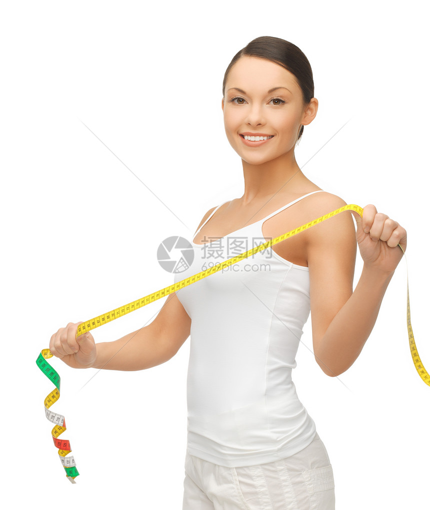 带有测量胶带的运动妇女培训师数字身体福利健身房饮食女性节食橘皮磁带图片