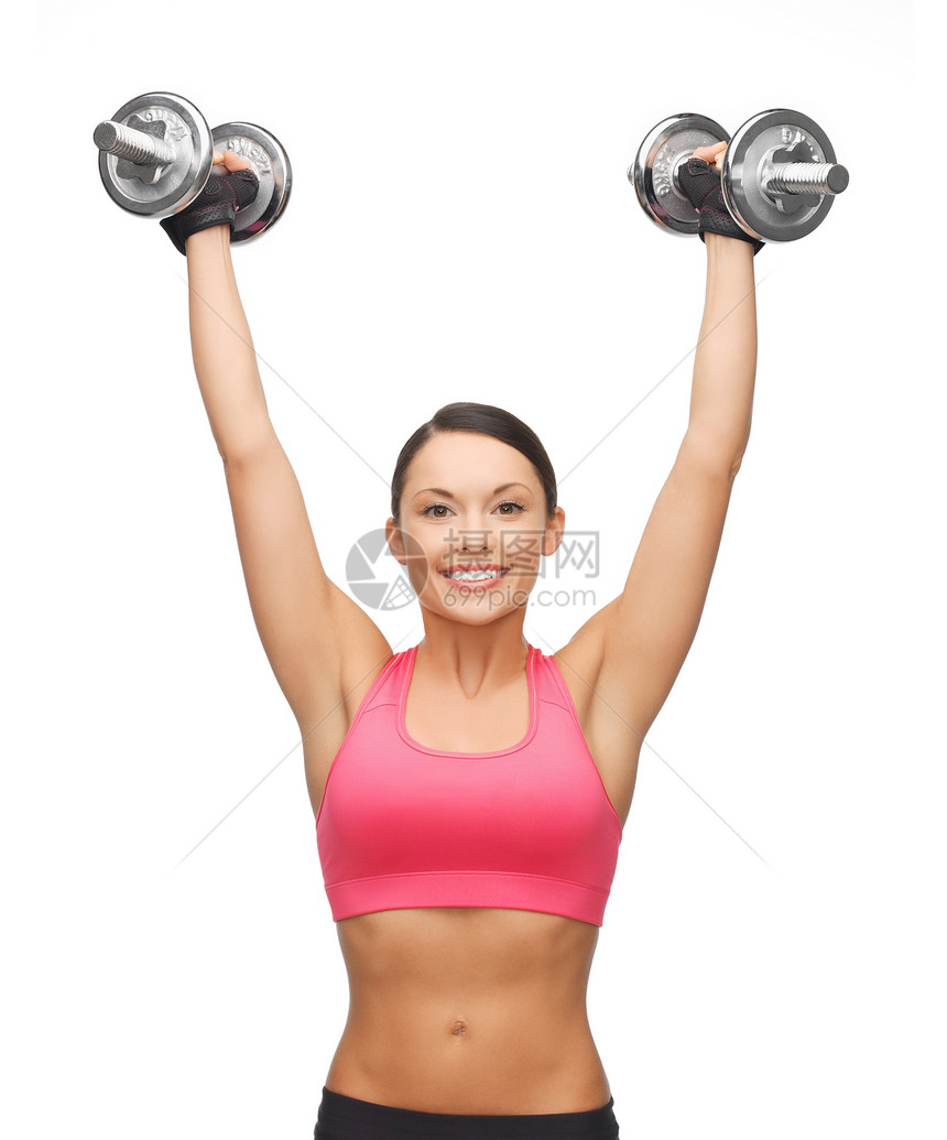 以重钢的耳聋为女子肌肉数字力量培训师运动装微笑损失重量饮食女孩图片