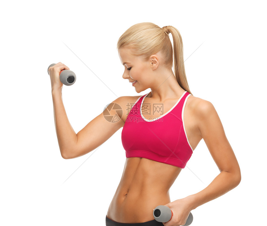 年轻运动女青年 有轻聋哑铃教练运动员培训师身体减肥二头肌运动装健康肌肉力量图片