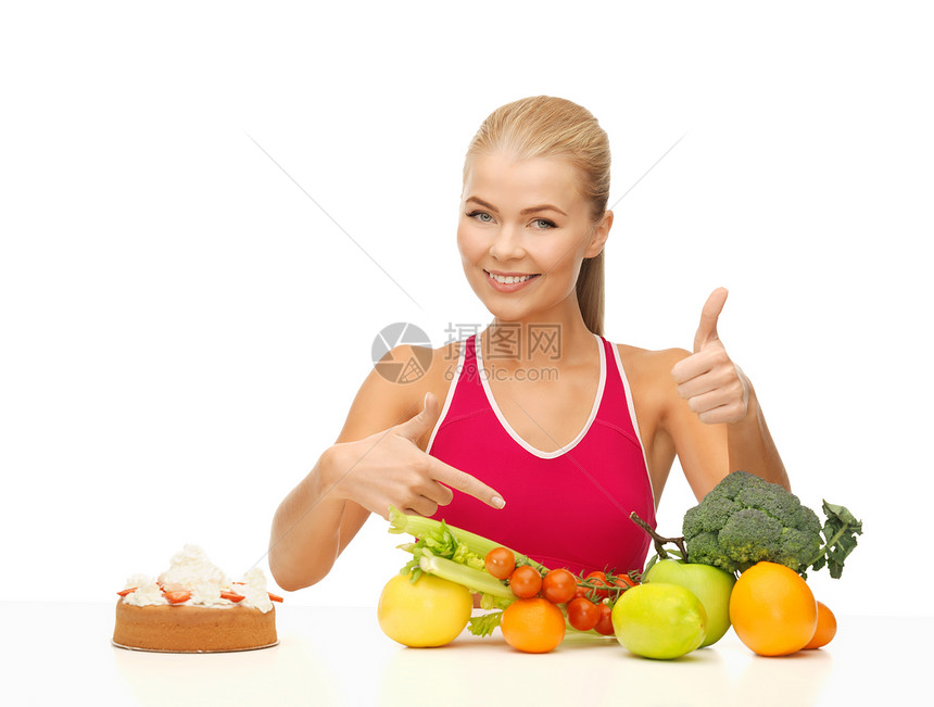 妇女指着健康食物化合物蔬菜糖果手势微笑低脂肪女孩节食饮食重量图片