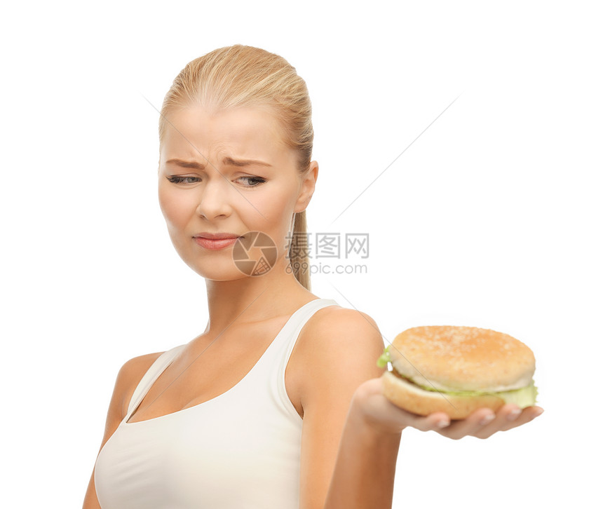 妇女拒绝垃圾食品营养重量化合物汉堡饮食小吃肥胖女孩午餐食物图片