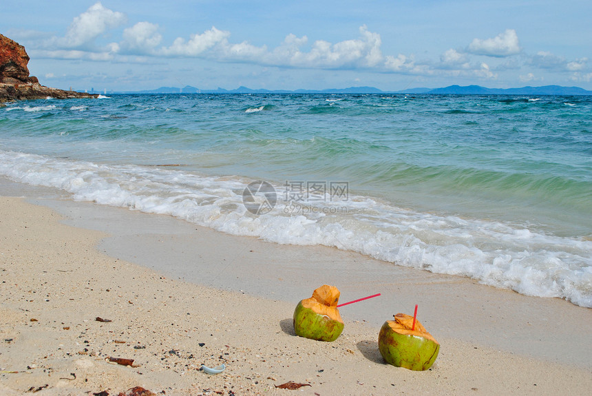 椰子在海滩上旅行假期白色蓝色绿色旅游食物图片