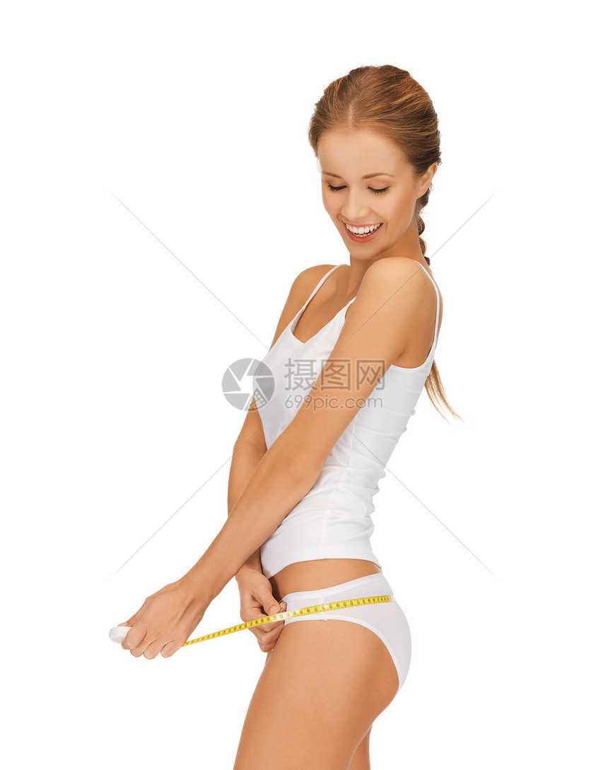 妇女用测量胶带测量她的臀部橘皮损失组织重量节食微笑棉布磁带饮食衬衫图片