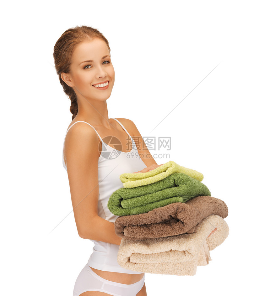 带毛巾的可爱家庭主妇管家福利数字家务内衣卫生家政浴室微笑温泉图片
