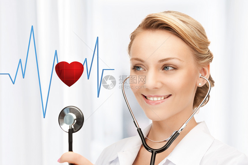 听心跳的医生病人女士微笑绘画护理人员有氧运动心脏病临床药品诊断图片
