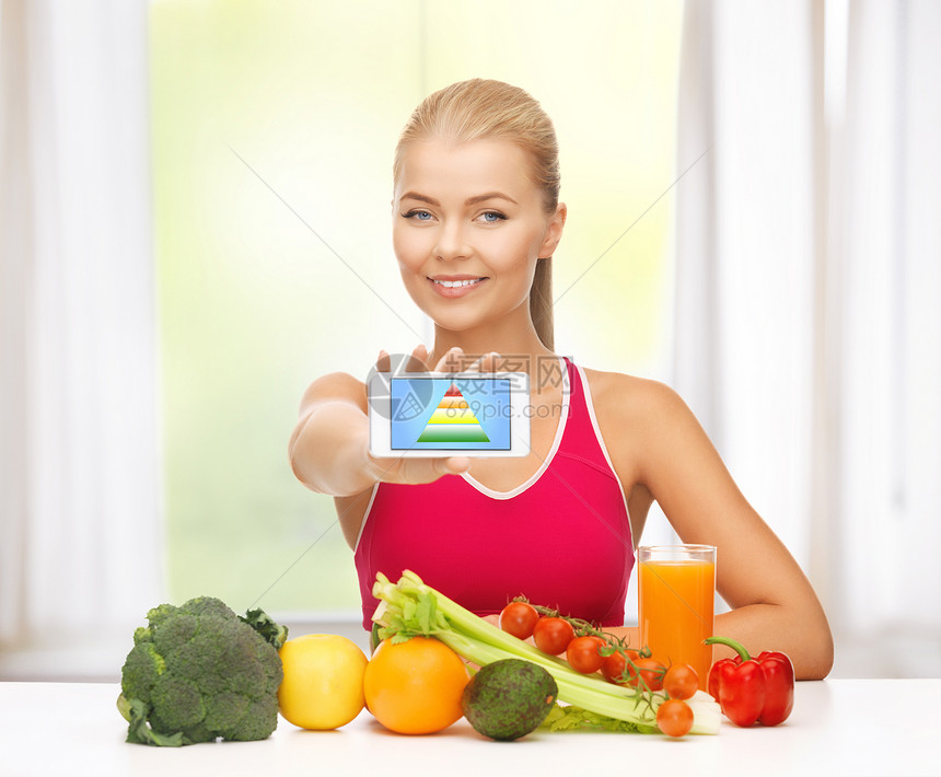 含水果 蔬菜和智能手机的妇女女士菜单数数微笑减肥营养女性计算电话食物图片