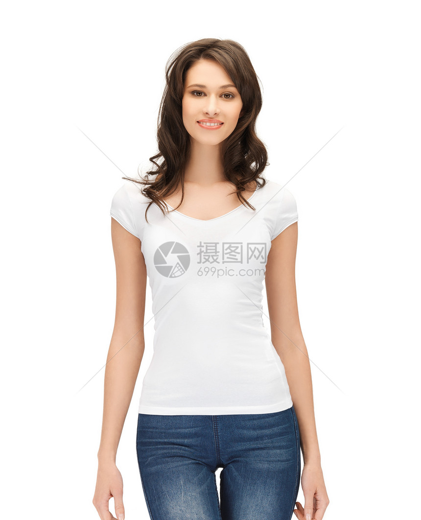 妇女穿着白白白色T恤衫女孩青少年数字微笑广告姿势饮食女士女性快乐图片