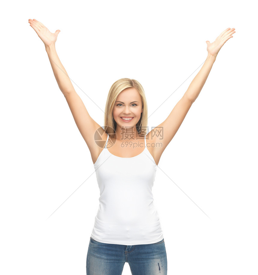 妇女穿着白白白色T恤衫数字女士女性学生微笑女孩广告牛仔裤优胜者快乐图片