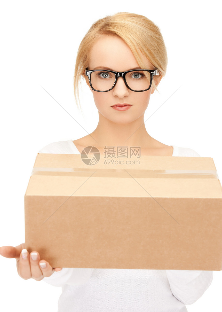 带纸箱的妇女销售量服务纸板命令工人女性交换纸盒棕色包装图片