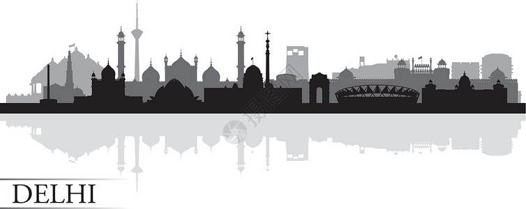 德里市天际月光背景摩天大楼全景市中心建筑学港口海岸插图天空反射支撑背景图片