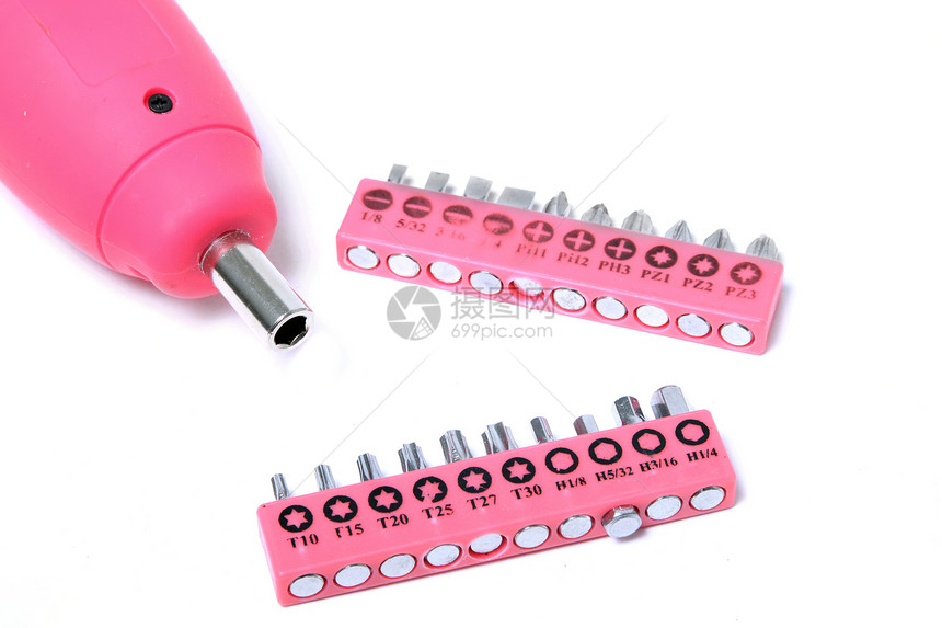 粉色无线螺丝刀和比特工具女性化装修白色便利尺码图片