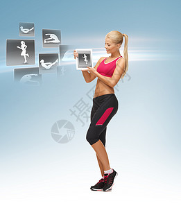 手绘胖女孩跑步减肥拥有具有体育应用的平板电脑的妇女背景