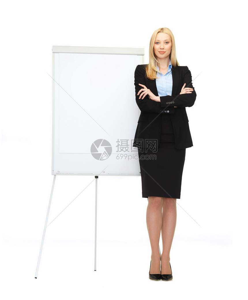 办公室有翻页图的女商务人士女性头脑风暴老板简报微笑顾问会议女士素描板图片