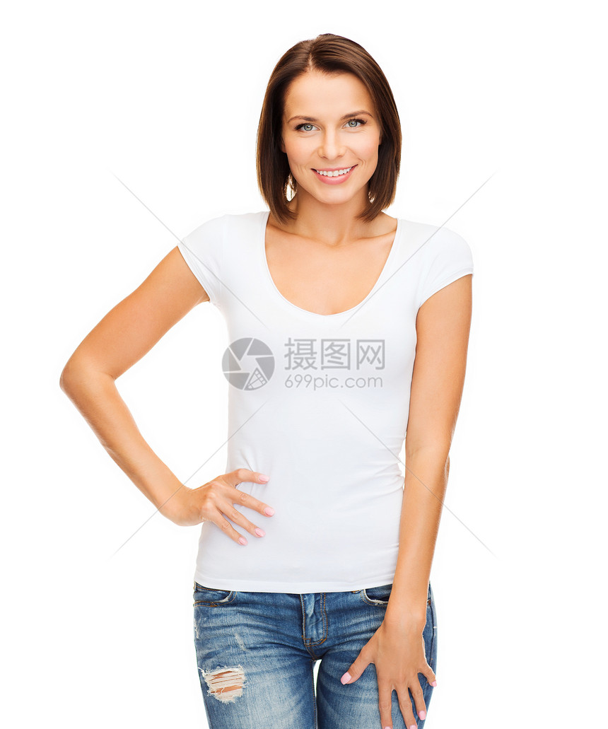 妇女穿着白白白色T恤衫衬衫学生快乐微笑打印女孩牛仔裤青少年棉布女性图片