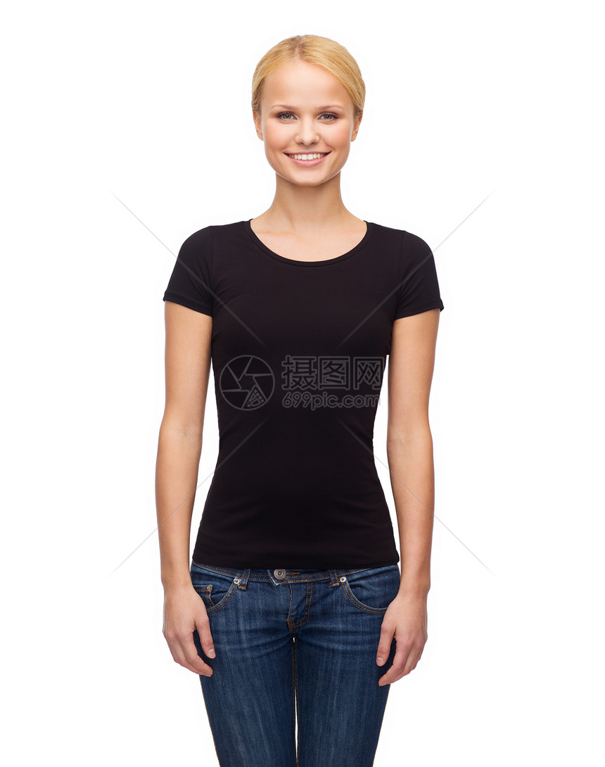 妇女穿着空白黑色T恤衫微笑女孩棉布学生青少年广告女性打印衬衫快乐图片