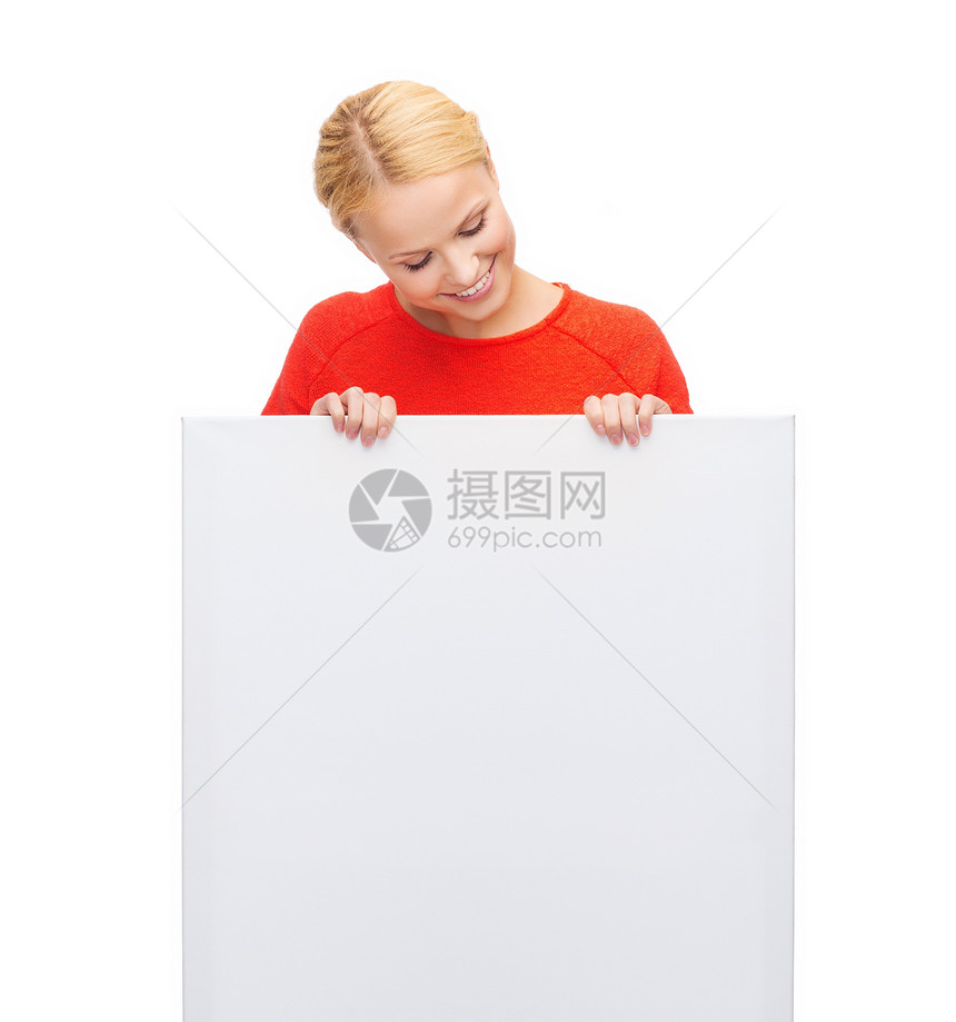 穿着带白白白板的毛衣 微笑着笑容的女人木板季节性女性季节海报青少年横幅快乐白色学生图片