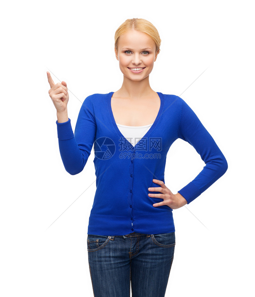 微笑的女人指着她的手指快乐暗示采摘教育白色想象幸福女孩学生广告图片