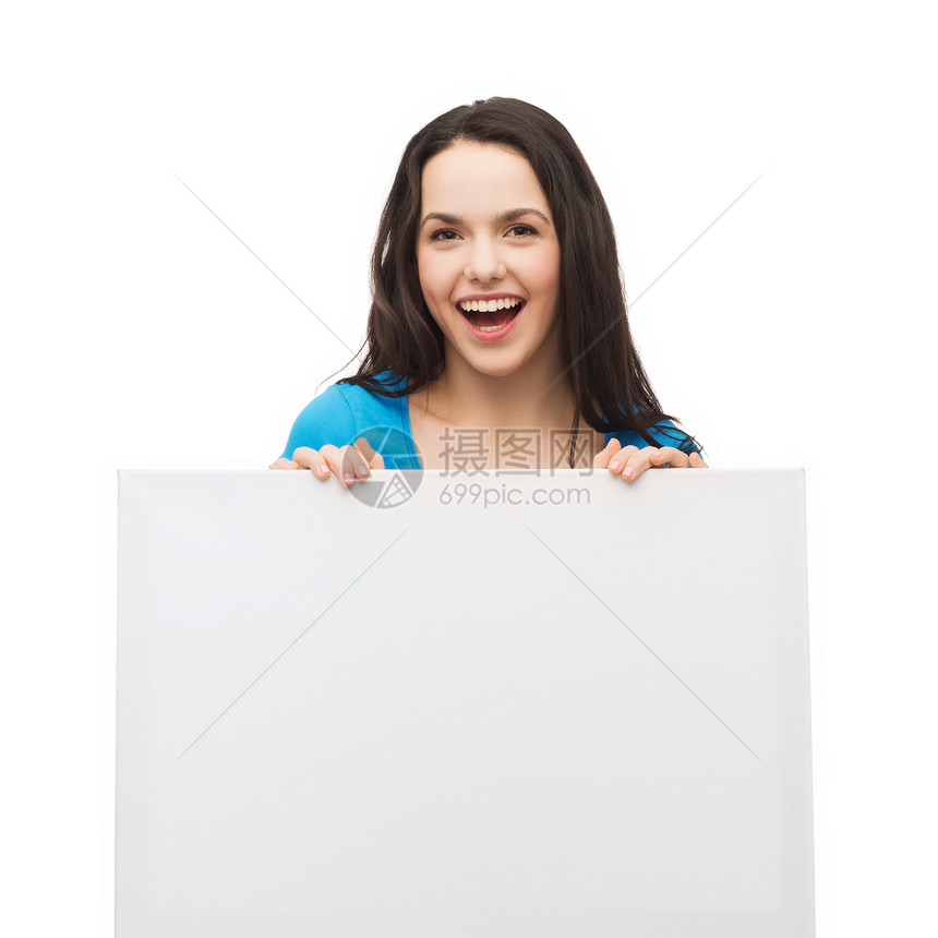 带着空白白板微笑的年轻女孩季节性销售季节横幅幸福青少年学生木板海报广告图片
