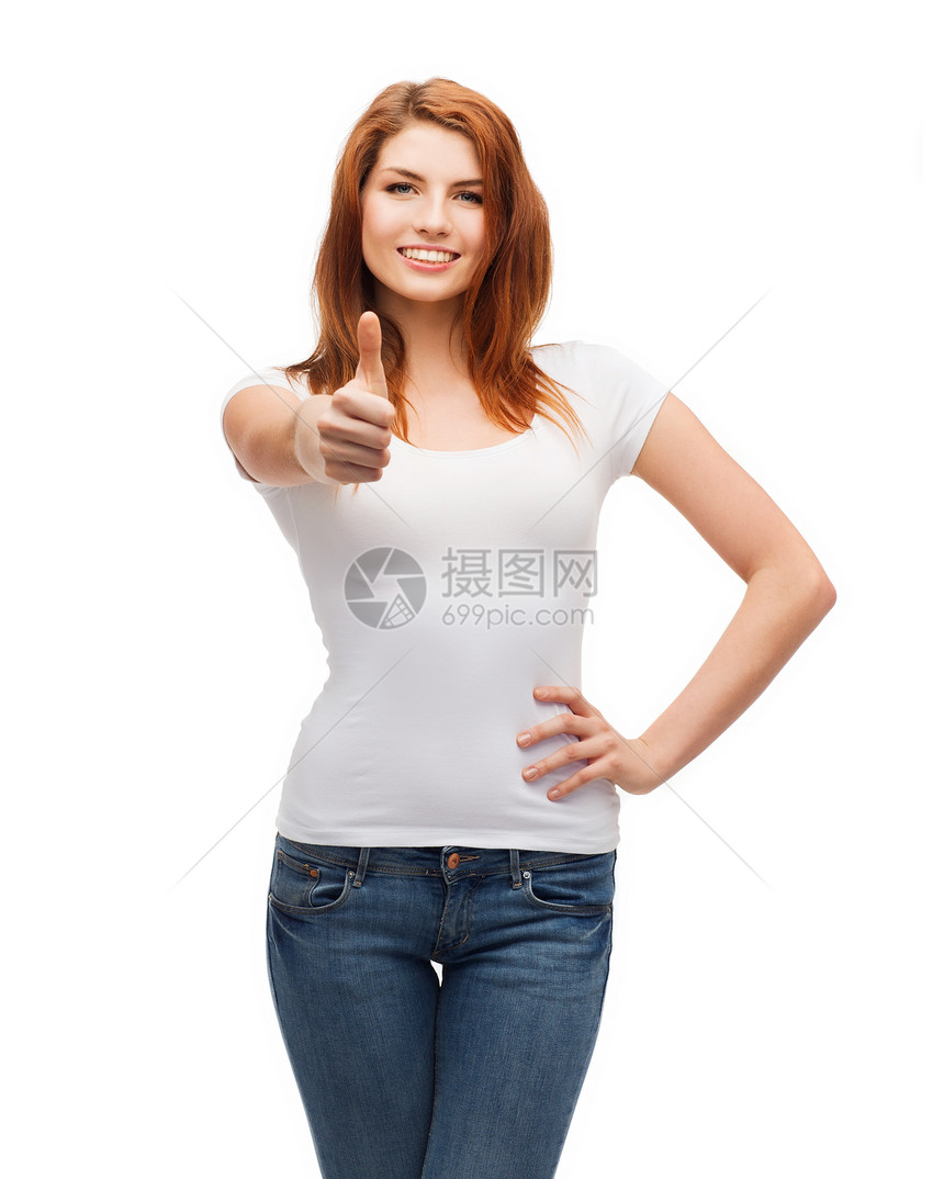 穿着白色T恤衫的青少年露出拇指打印运气棉布女孩学生女士衬衫广告成功女性图片