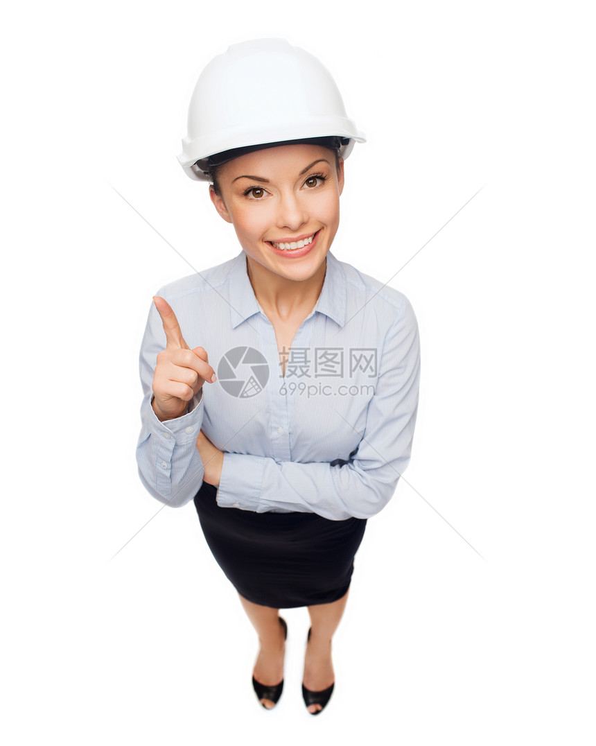戴白头盔 举起手指的女商务人士企业家建设者拉丁建筑学注意力开发商财产工程师指挥成人图片