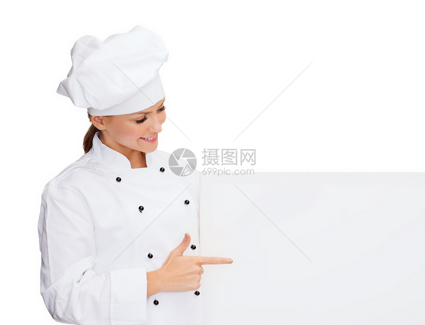 带白白板的笑着女厨师美食女士面包师微笑食谱职业餐厅成人女性工人图片