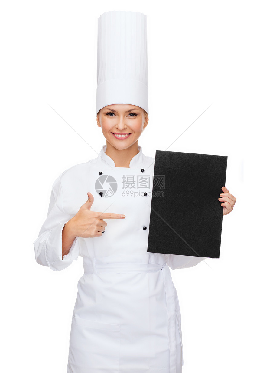 带黑白纸 微笑着的女厨师手指床单黑板帽子职业菜单广告管理人员成人餐厅图片
